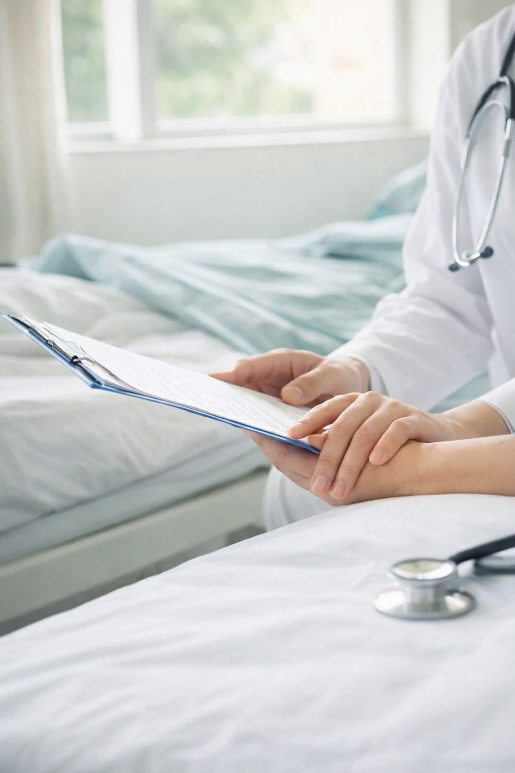 Médica segurando as mãos de uma paciente durante consulta acolhedora